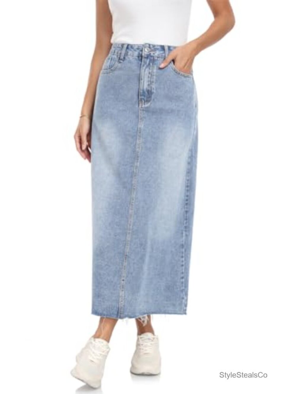 High Waisted Frayed Raw Hem A-Line Stretch Denim Midi Jean Skirt with Pockets